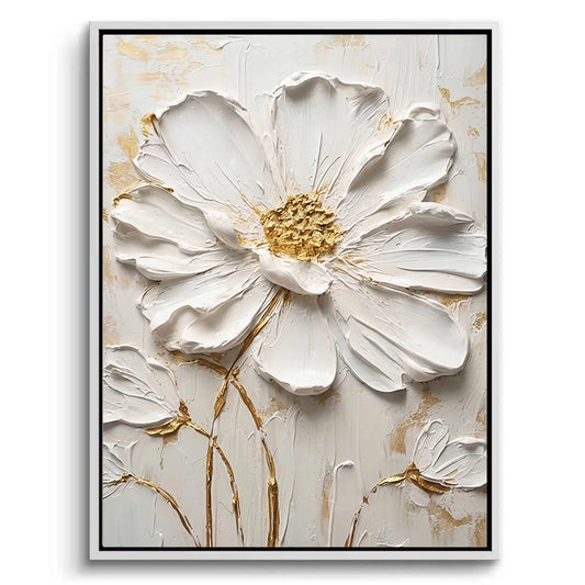 Elegant minimalist gold leaf flower painting on a crisp white canvas, a sophisticated focal point for a luxury villa in Dubai.