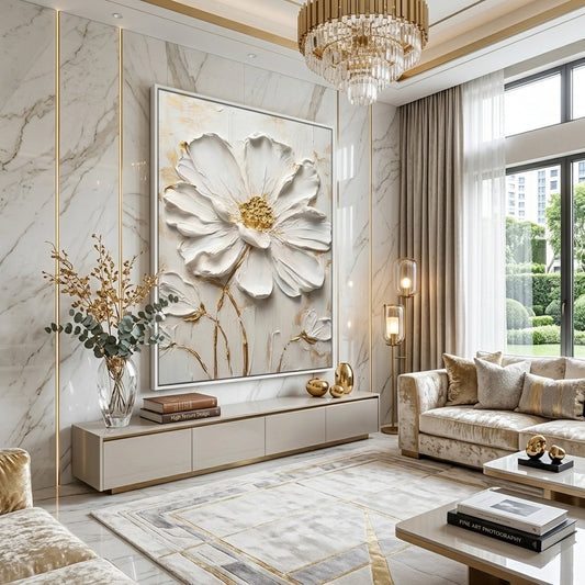 Hand-applied gold leaf botanical art with a shimmering metallic finish, adding a touch of modern glamour to a UAE living room.