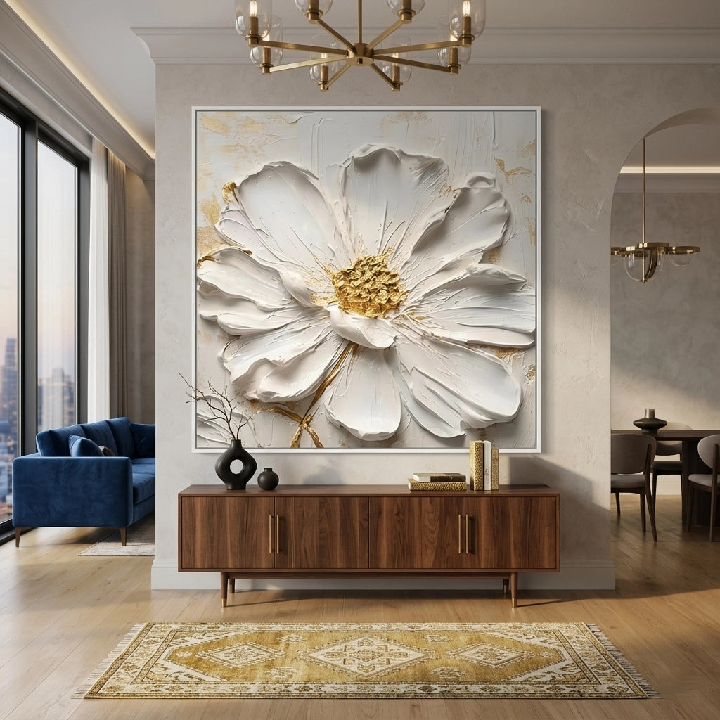 2Delicate 3D gold leaf flower sculpture inside a minimalist glass shadow box, a perfect luxury housewarming gift in the UAE.