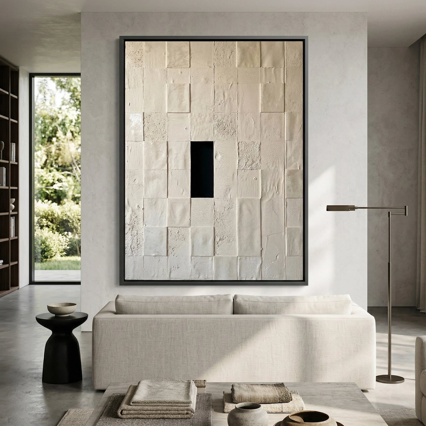 2Minimalist Monolith geometric abstract artwork, muted tones, stylish UAE home interiors