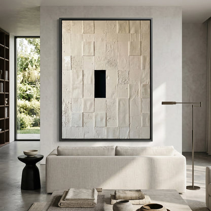 Minimalist Monolith geometric abstract artwork, muted tones, stylish UAE home interiors