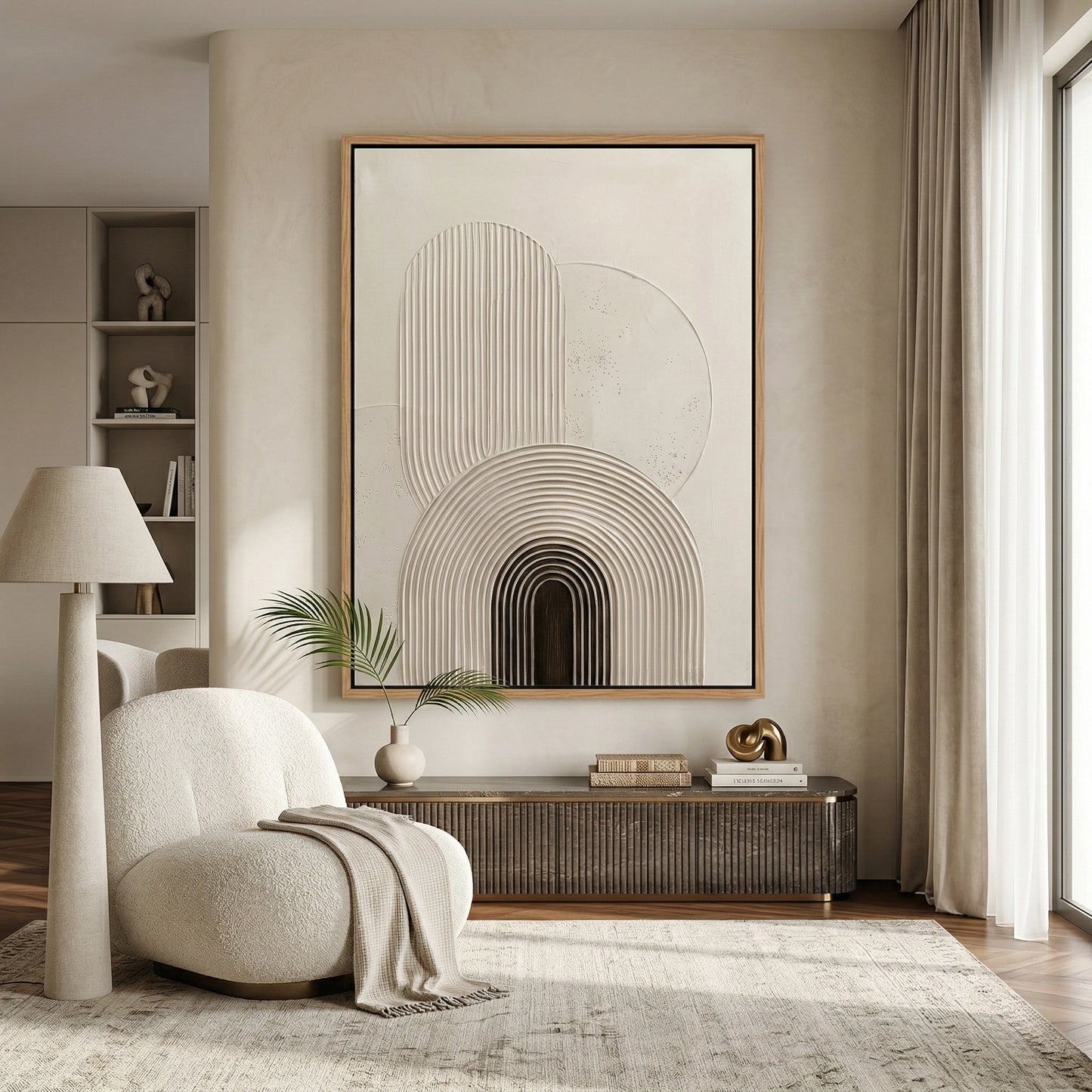 2Minimalist white-on-white ribbed arches painting with a 3D fluted texture, adding vertical rhythm and shadow play to a modern Abu Dhabi home.