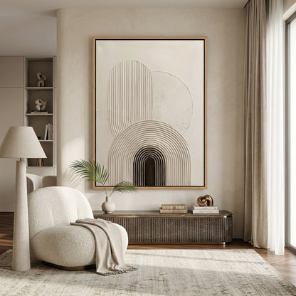 Minimalist white-on-white ribbed arches painting with a 3D fluted texture, adding vertical rhythm and shadow play to a modern Abu Dhabi home.