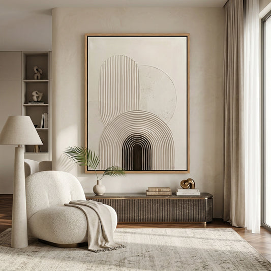 Minimalist white-on-white ribbed arches painting with a 3D fluted texture, adding vertical rhythm and shadow play to a modern Abu Dhabi home.