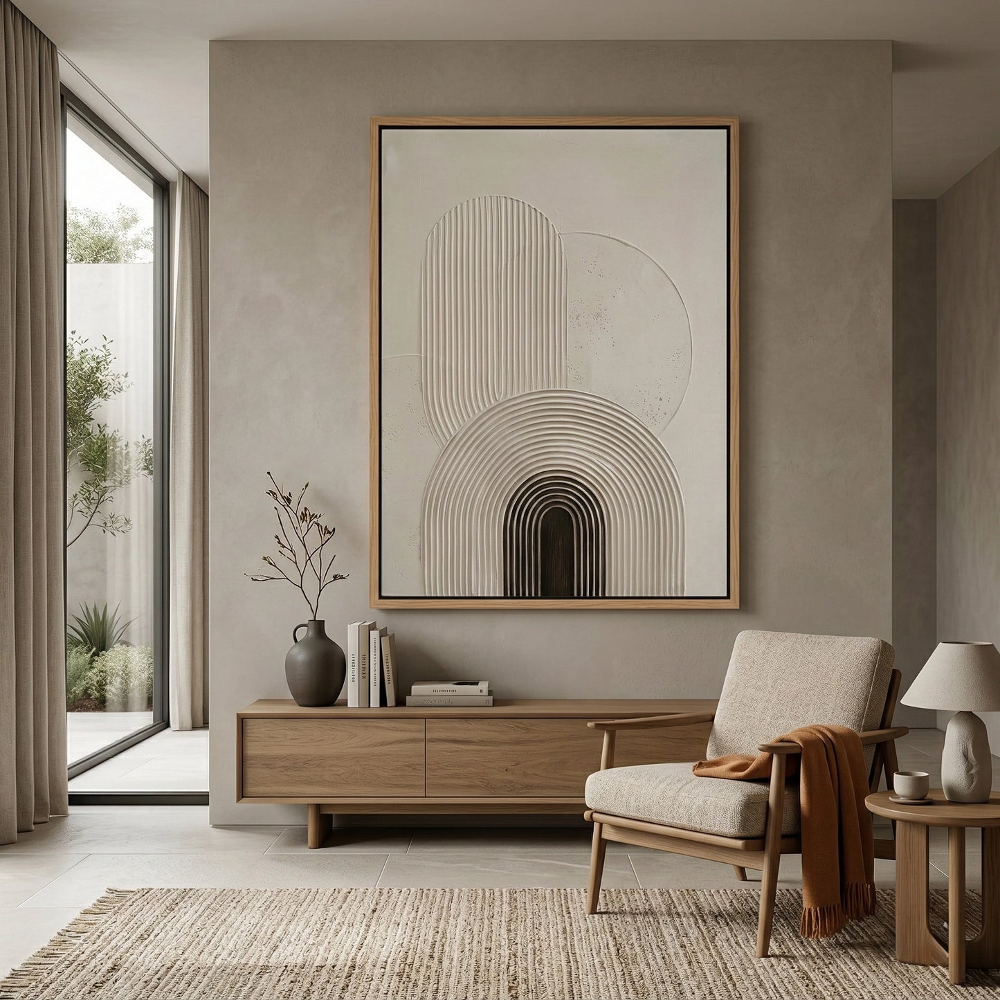 2Abstract minimalist ribbed arches wall decor in a matte off-white finish, premium neutral art available in the UAE.