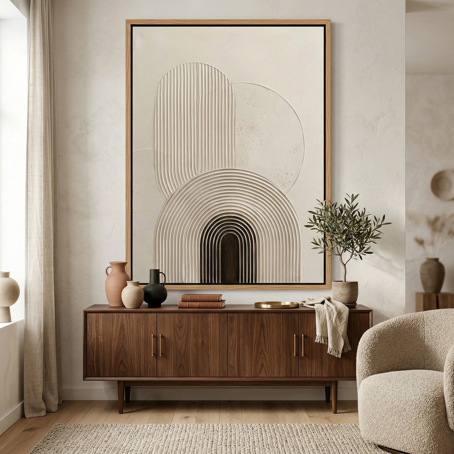 2Modern sideboard featuring a minimalist ribbed arches design on the doors, a unique handcrafted furniture piece for high-end UAE interiors.