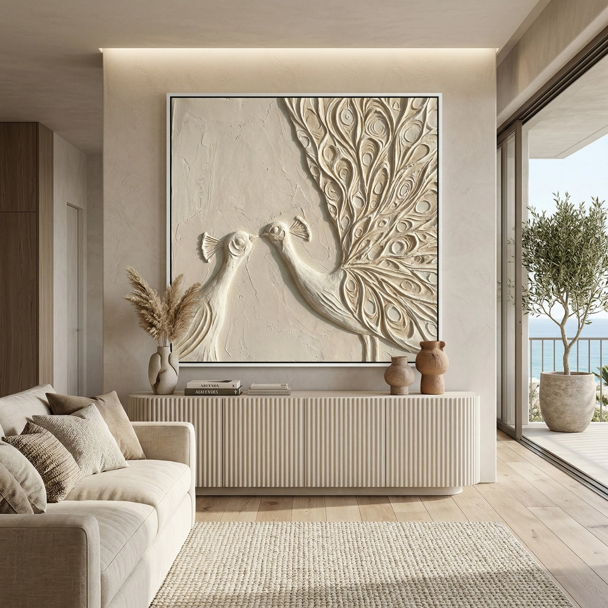 Abstract peacock artwork with subtle texture and soft earthy colors, perfect for luxury minimalist interiors in the UAE