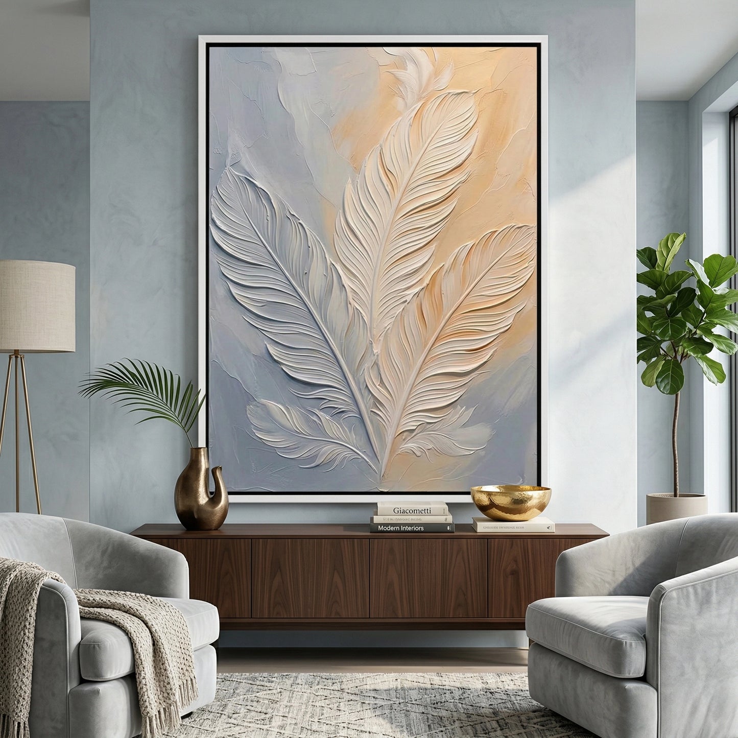 2Minimalist wing-inspired wall decor with soft textures and muted shades, suited for stylish UAE living spaces