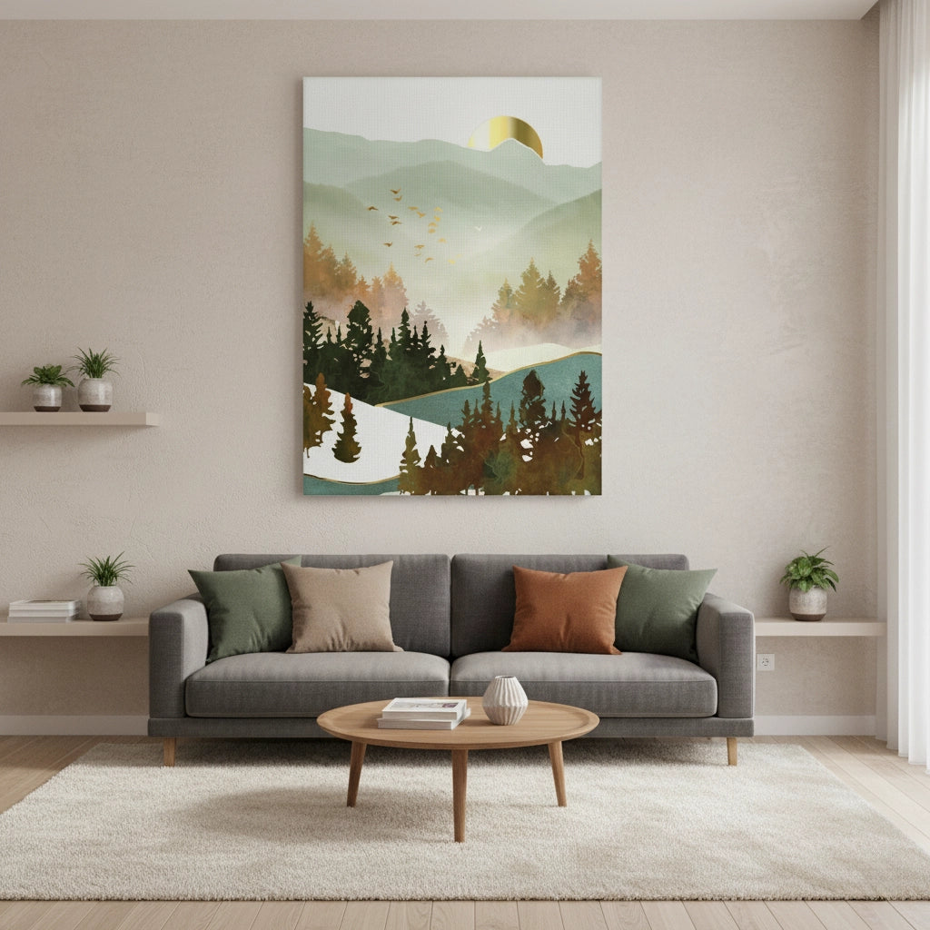 Misty Forest and Gold Sun - Canvas - Jasmineart.ae