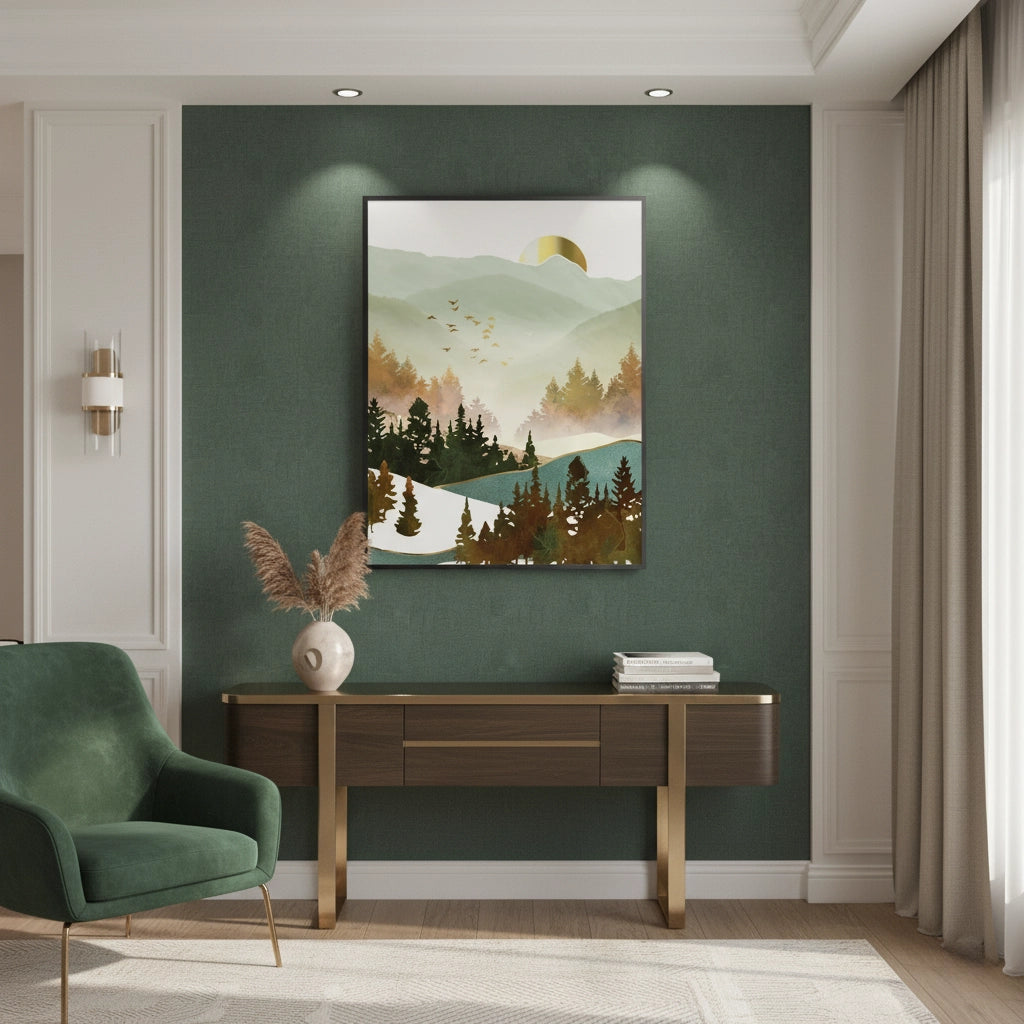 Misty Forest and Gold Sun - Fine Art - Jasmineart.ae