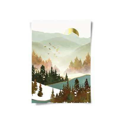 Misty Forest and Gold Sun - Poster