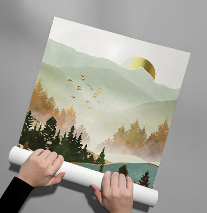 Misty Forest and Gold Sun - Poster