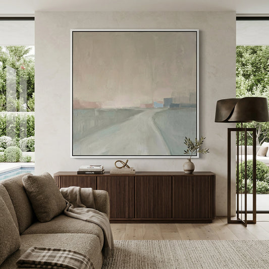 Calming Dubai luxury villa master bedroom featuring cool grey MistyMorningWay textured plaster walls.