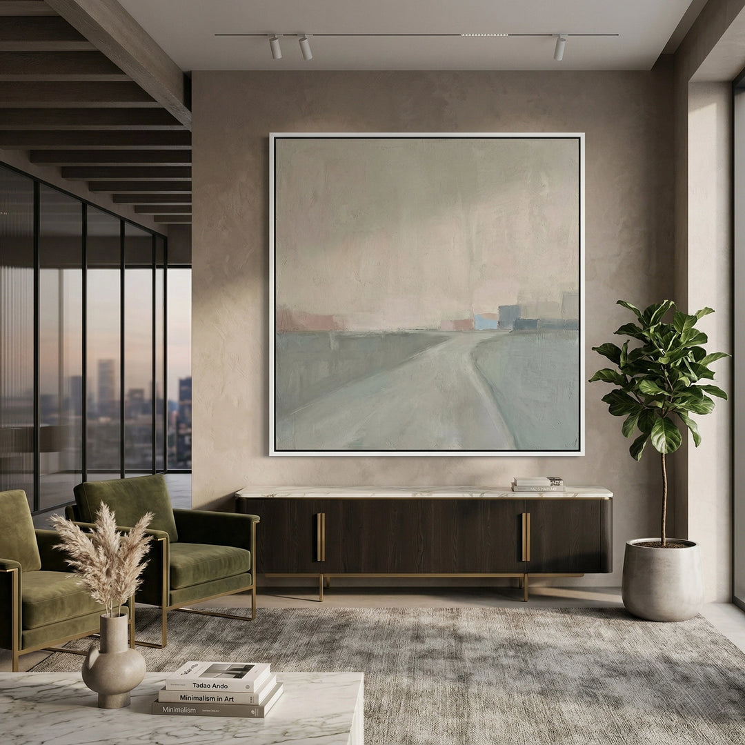 Sunlit Dubai penthouse living room contrasting warm sunlight with soft, cool MistyMorningWay wall finishes.
