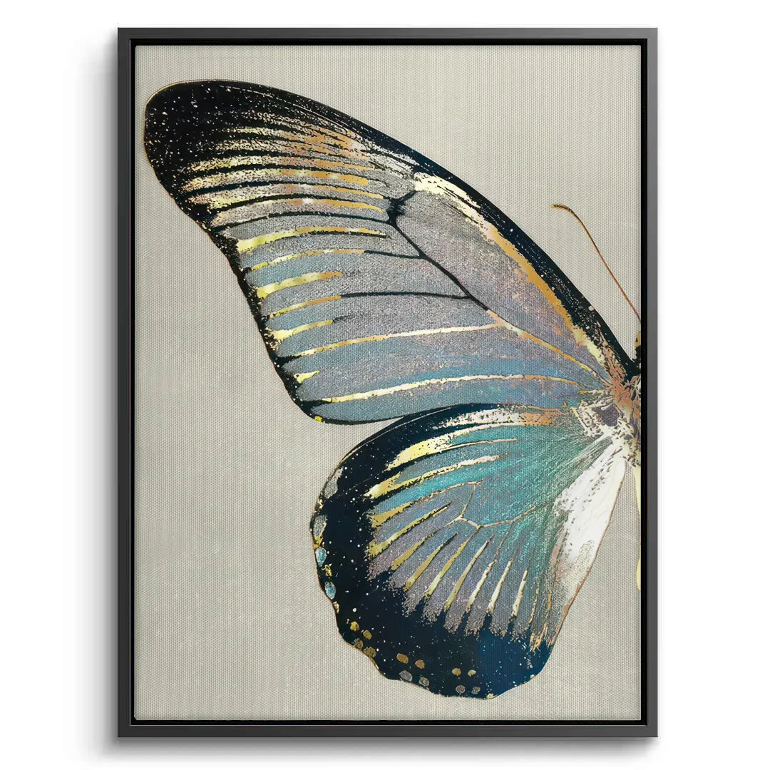 Black framed left butterfly wing canvas print gold shimmer