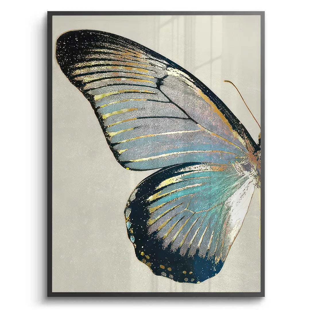 Left butterfly wing black framed fine art print blue gold metallic accents