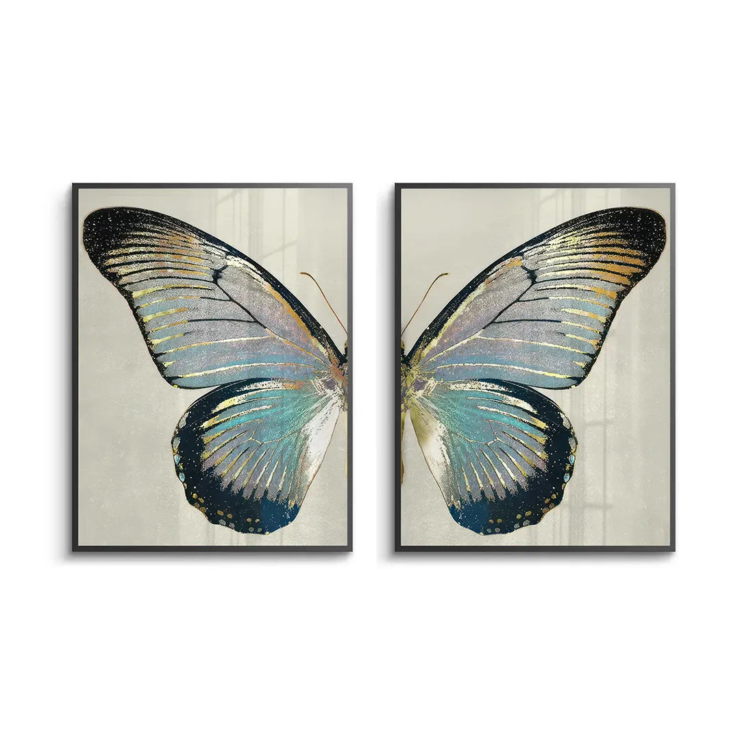 2Set of 2 butterfly wings fine art prints teal gold and black frames