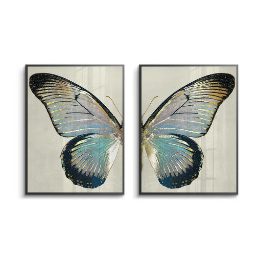 Set of 2 butterfly wings fine art prints teal gold and black frames
