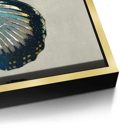 Close-up of gold frame profile on butterfly canvas artwork