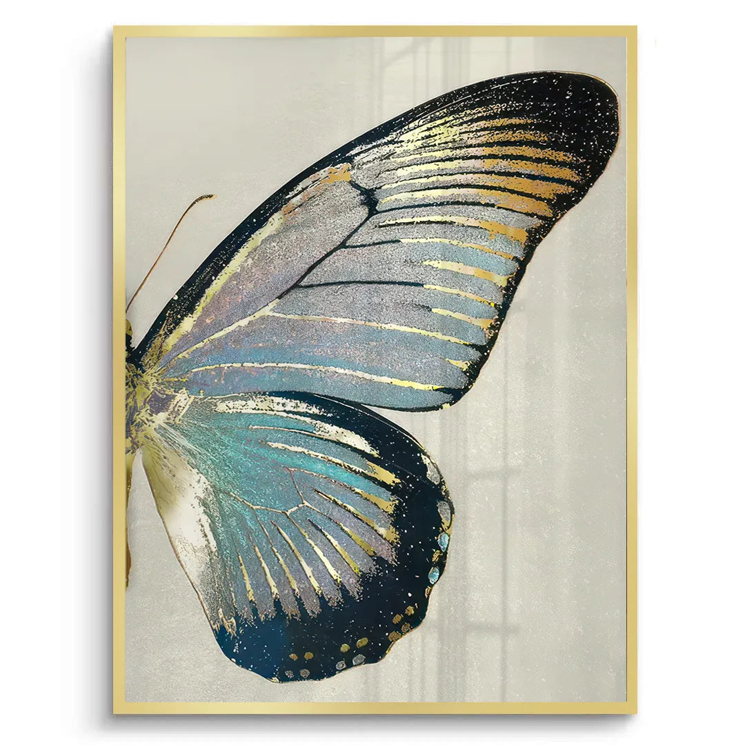 Gold framed right butterfly wing fine art print teal gold colors