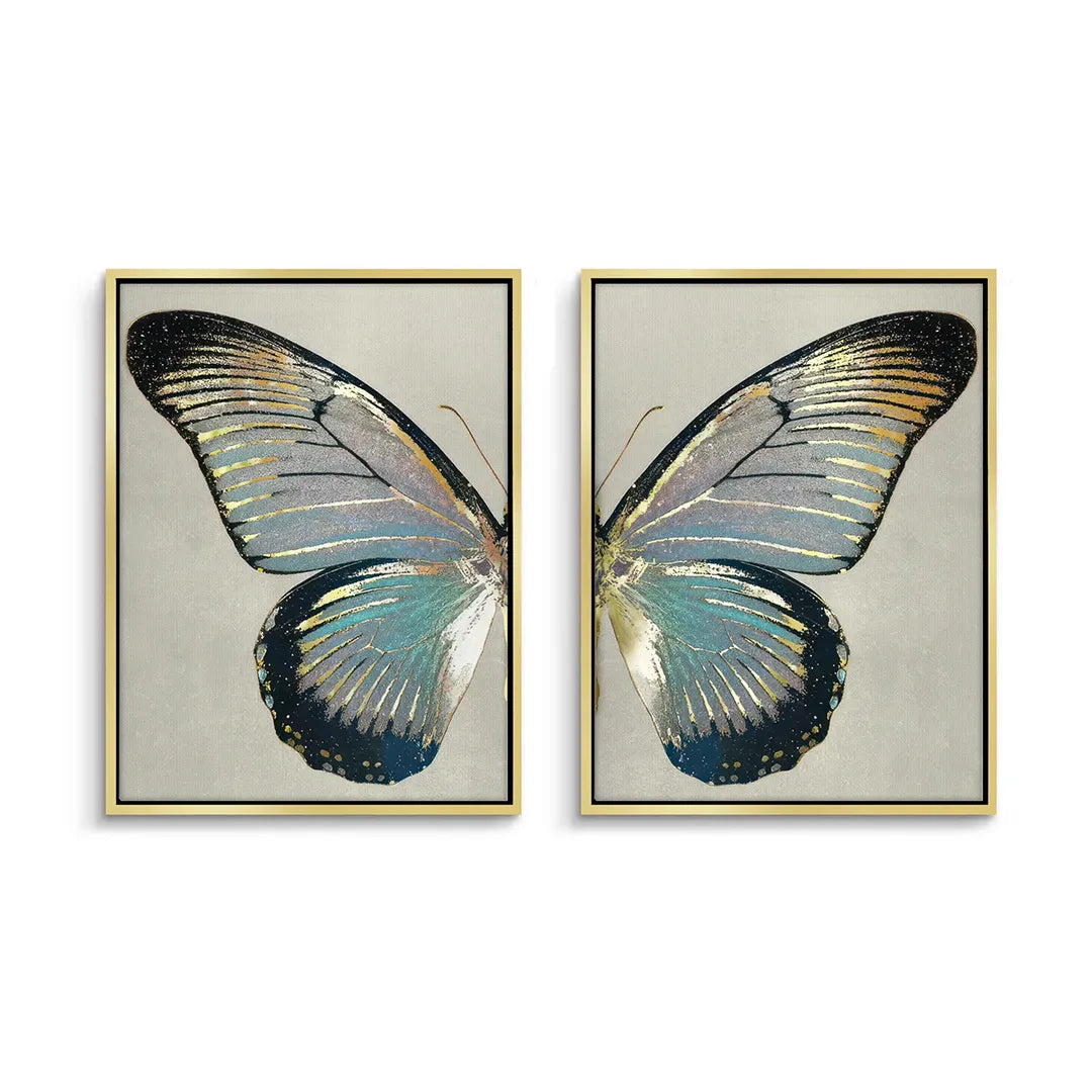 Set of 2 gold framed butterfly wings canvas art