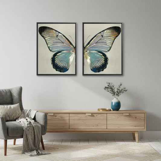 Modern decor with 2-piece butterfly black framed canvas art above wooden cabinet