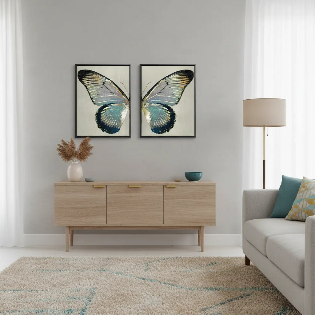 2Black framed butterfly canvas art set of two in cozy living room mockup