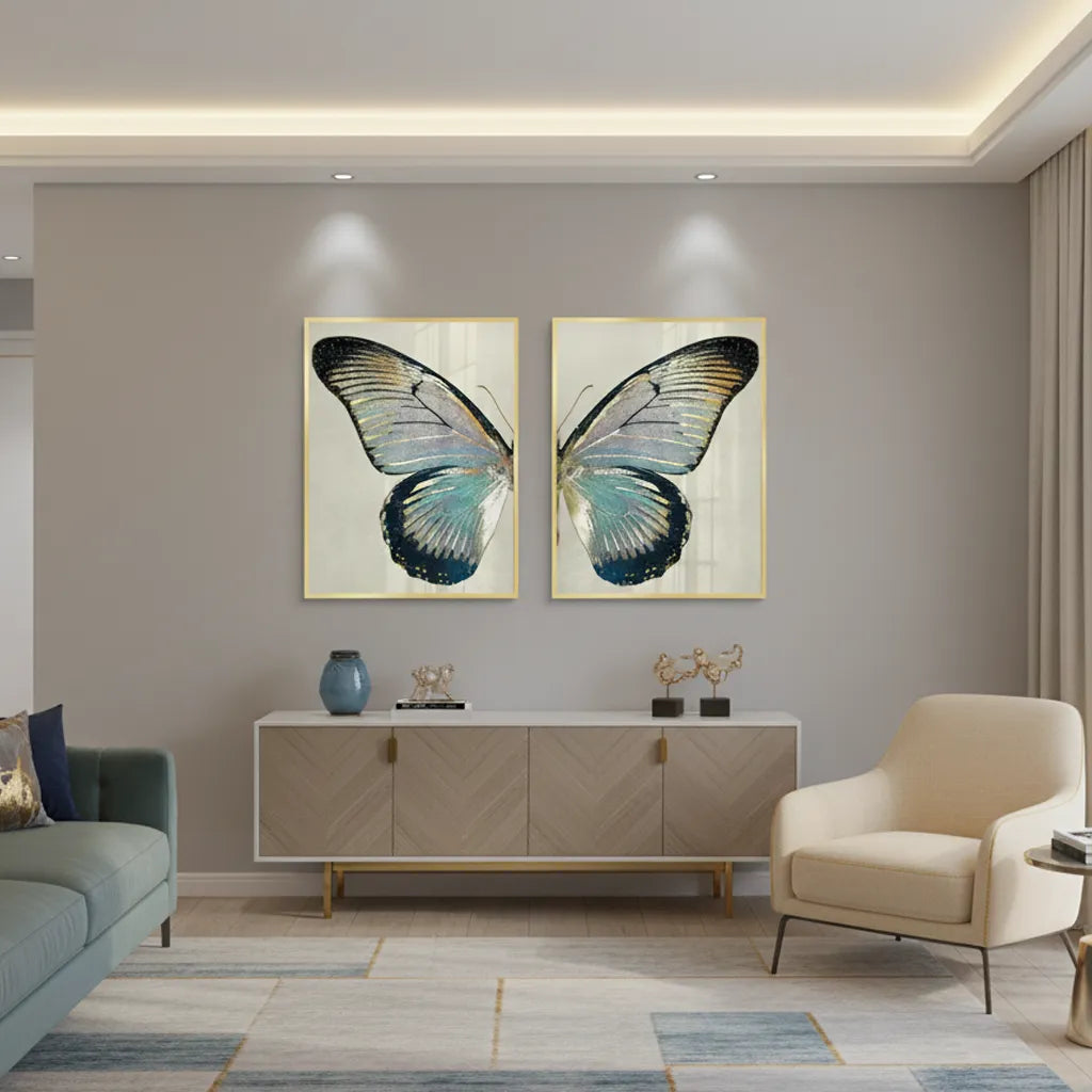 Contemporary decor with gold framed butterfly fine art set of two
