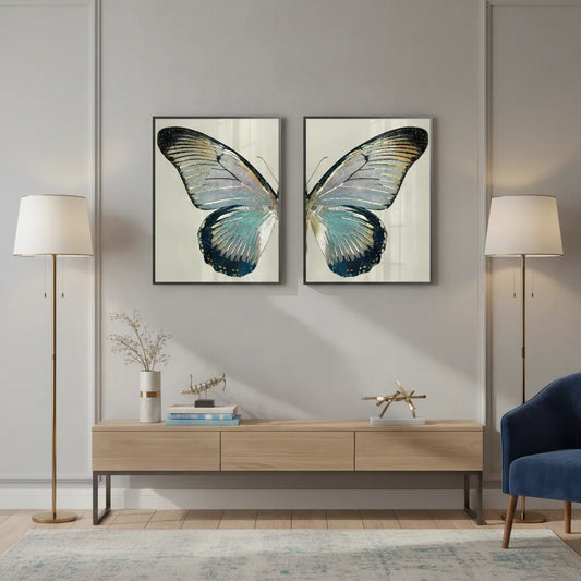 Modern living room decor with 2-piece butterfly fine art triptych