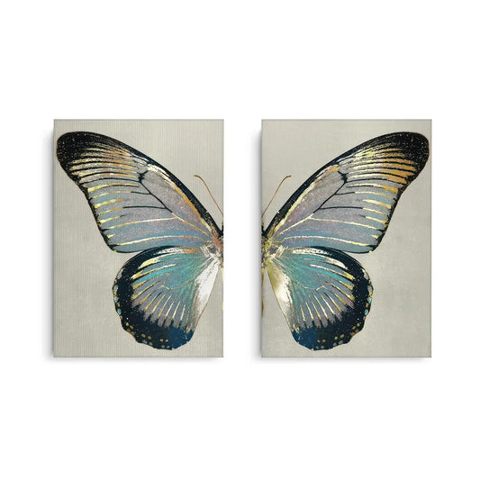 Set of 2 butterfly wing canvas prints teal gold and black accents