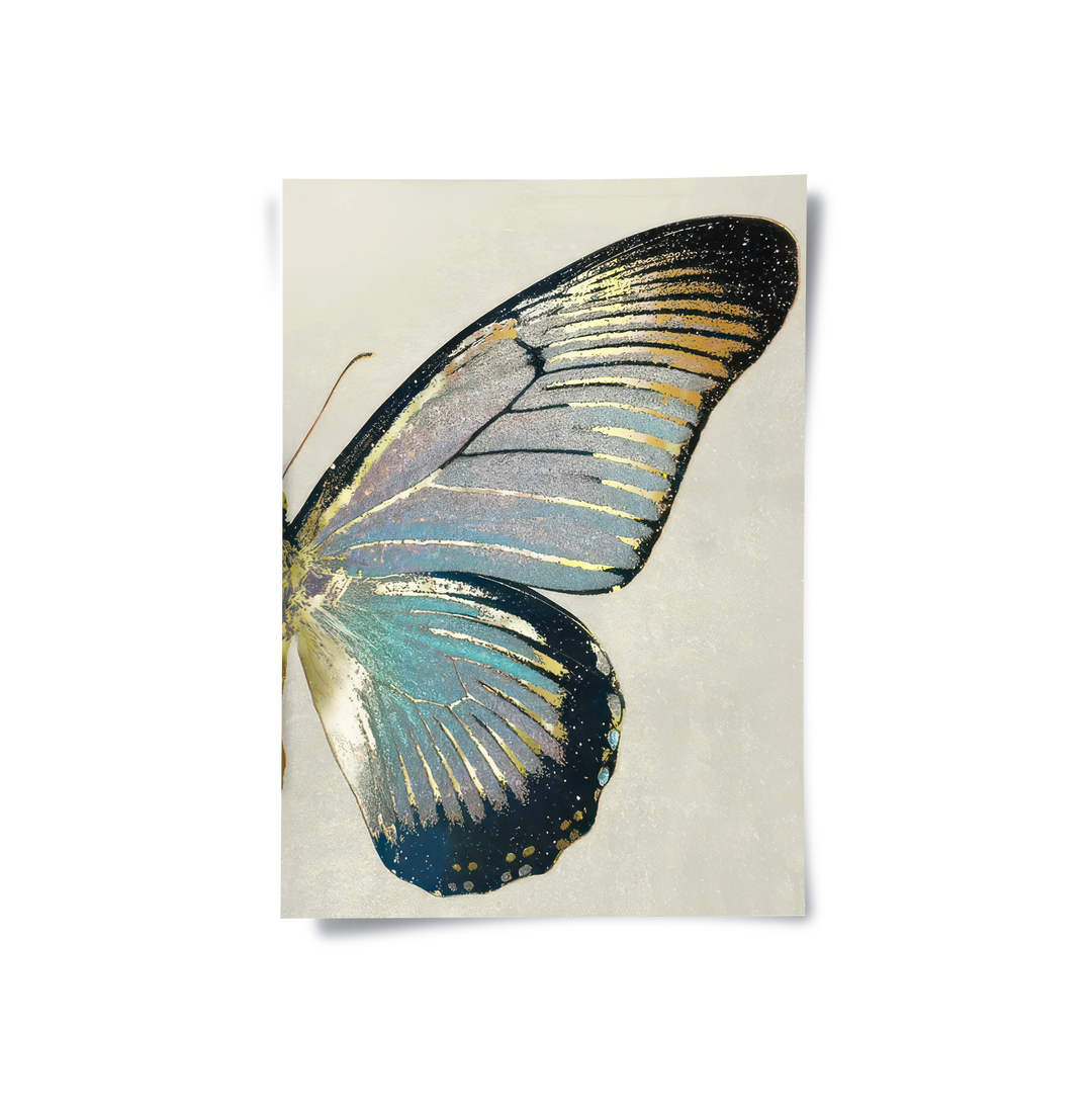 Right butterfly wing poster art gold shimmer and dark blue accents