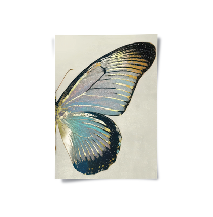 Right butterfly wing poster art gold shimmer and dark blue accents
