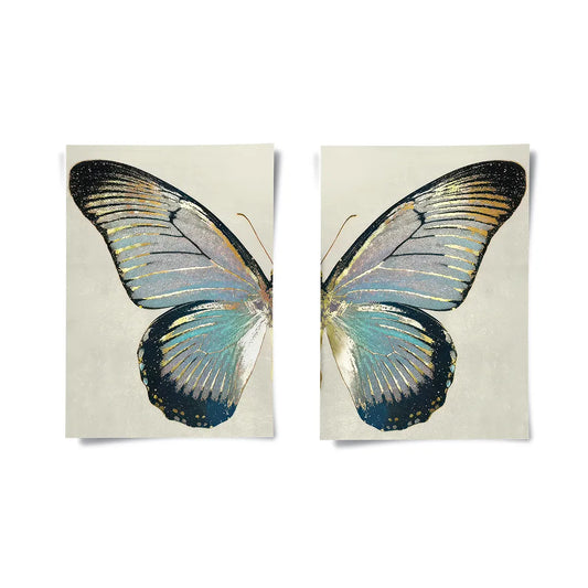 Set of 2 butterfly wings poster prints gold foil and blue teal colors