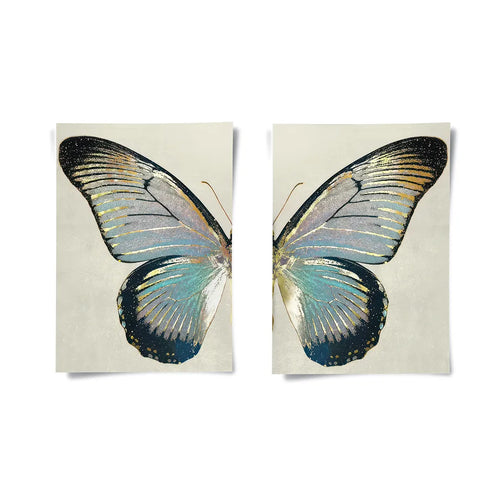 Set of 2 butterfly wings poster prints gold foil and blue teal colors