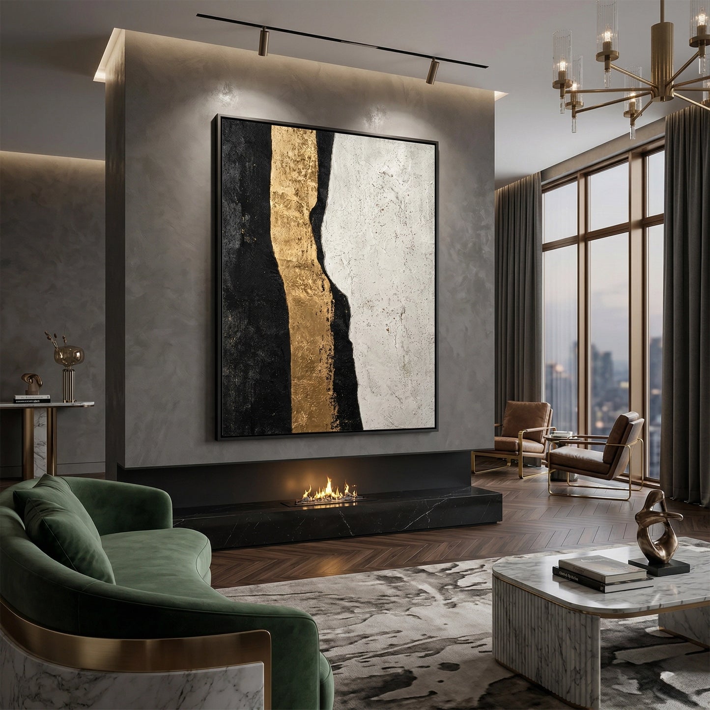 2Minimalist 'Molten Edge' canvas art featuring flowing gold-chrome textures and deep shadow play, bringing a sense of 'Liquid Luxury' to a contemporary Abu Dhabi home.