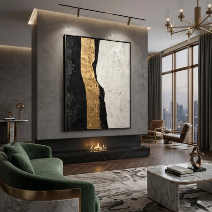 Minimalist 'Molten Edge' canvas art featuring flowing gold-chrome textures and deep shadow play, bringing a sense of 'Liquid Luxury' to a contemporary Abu Dhabi home.