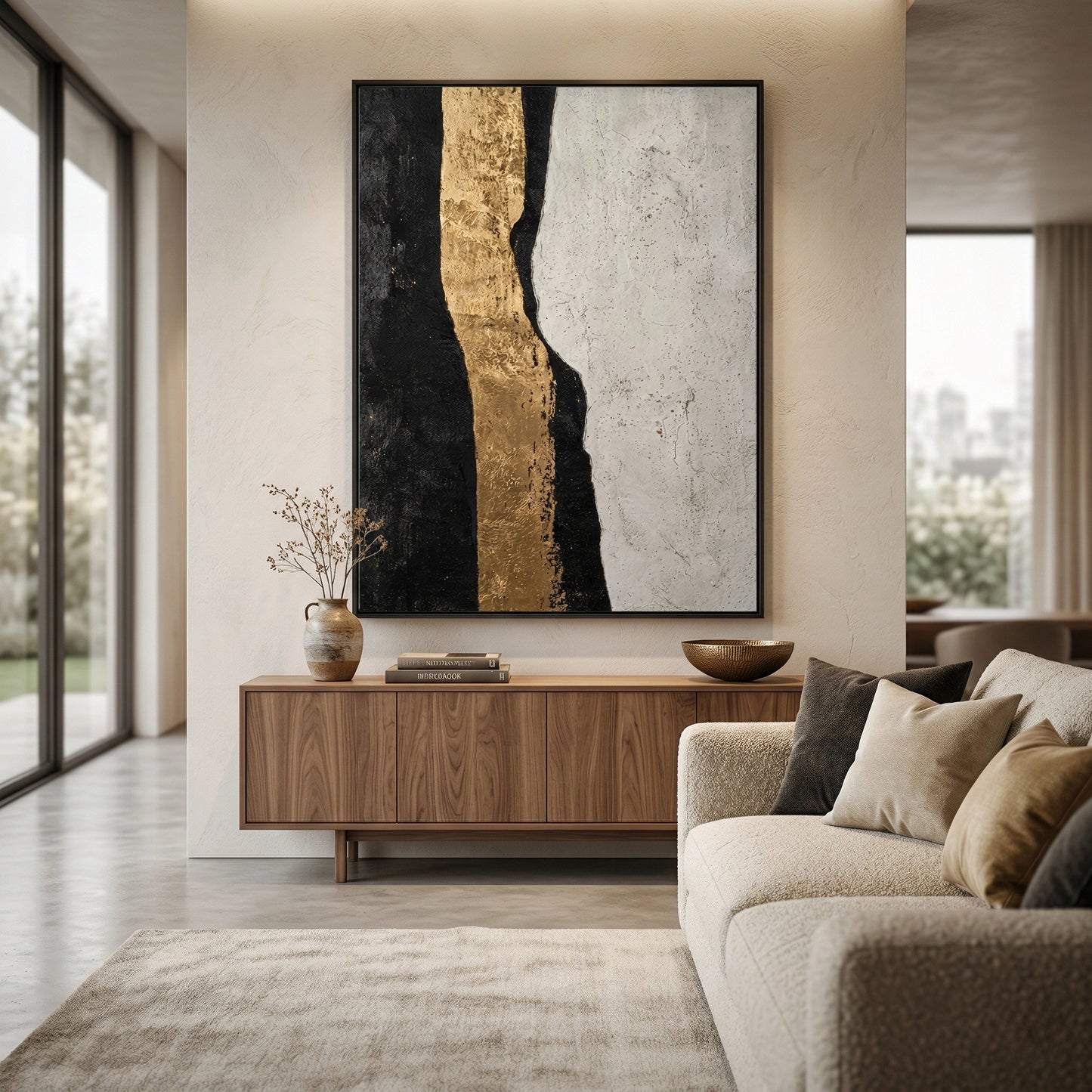 2Hand-blown 'Molten Edge' glass pendant light with a distorted liquid-glass shape and warm amber tint, an elegant lighting solution for a luxury Dubai dining room.