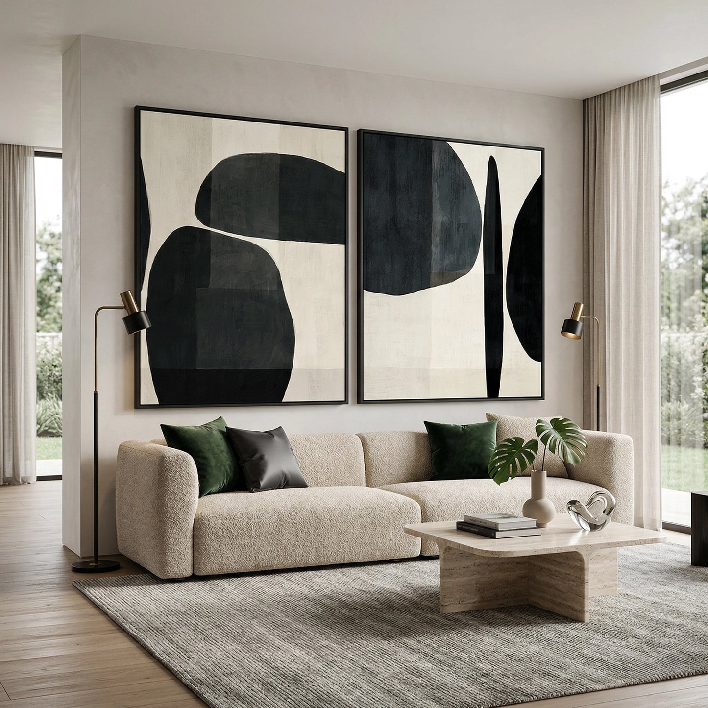 2Minimalist 'Monochrome Organic Shapes' diptych with heavy hand-sculpted textures and soft shadow play, bringing architectural balance to a contemporary Abu Dhabi home.