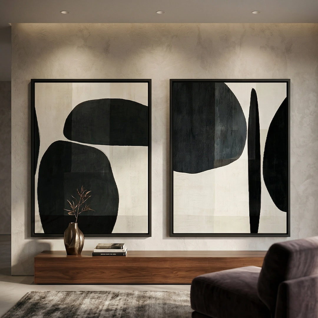 Contemporary 'Monochrome Organic Shapes' set of 2 in sleek black frames, a clean and artistic wall decor solution for a high-end UAE office