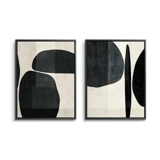 Set of 2 'Monochrome Organic Shapes' 3D plaster paintings featuring raised asymmetric forms in matte bone and charcoal, a sophisticated duo for a luxury Dubai villa.