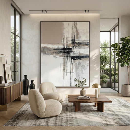 Minimalist 'Morning Mist Abstract' canvas art with misty, layered textures and subtle silver leaf accents, adding a sense of 'Quiet Luxury' to a modern Dubai bedroom.