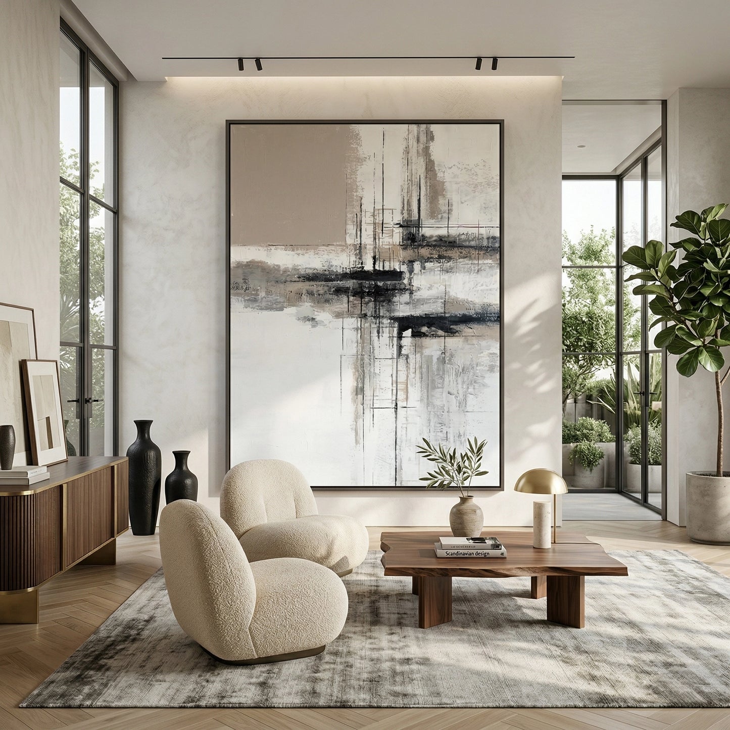 2Minimalist 'Morning Mist Abstract' canvas art with misty, layered textures and subtle silver leaf accents, adding a sense of 'Quiet Luxury' to a modern Dubai bedroom.
