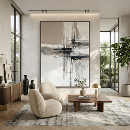 Minimalist 'Morning Mist Abstract' canvas art with misty, layered textures and subtle silver leaf accents, adding a sense of 'Quiet Luxury' to a modern Dubai bedroom.