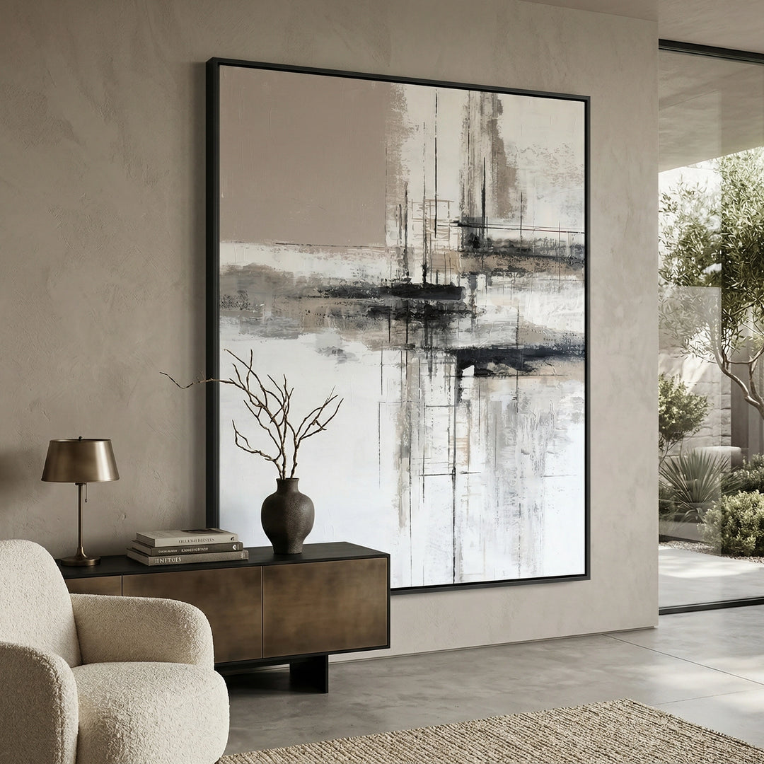 Luxury 'Morning Mist' area rug with a high-low pile silk blend in a hazy grey-and-white gradient, perfect for a serene Dubai lounge.