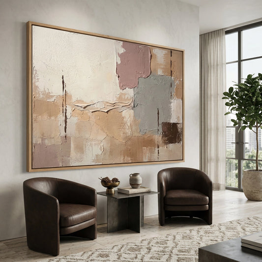 Minimalist 'Muted Elements' canvas art featuring subtle textures and raw edges, perfect for a contemporary Abu Dhabi living room.