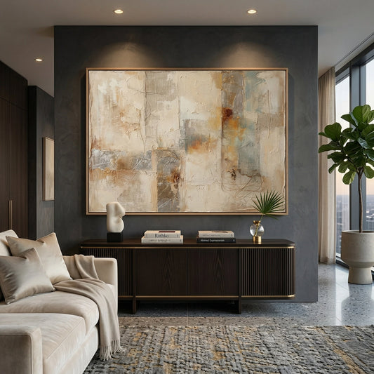 Minimalist abstract artwork with gentle horizon layers and neutral shades, ideal for stylish UAE interiors