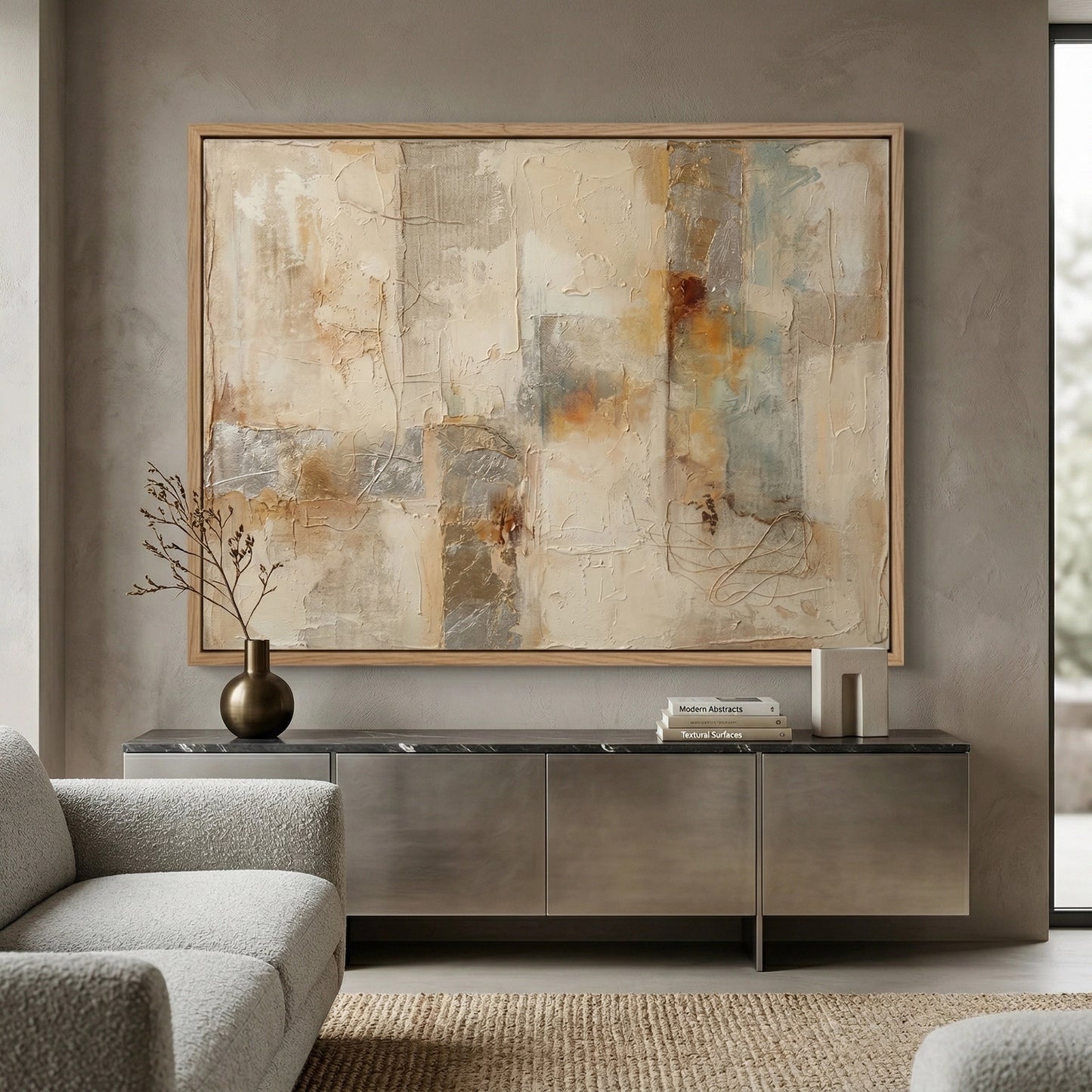 2Modern Muted Horizons artwork with subtle layered textures and earthy muted shades, perfect for chic UAE wall decor