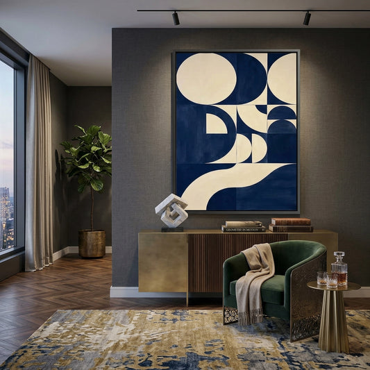 Minimalist abstract artwork with layered navy arcs and muted palette, ideal for stylish UAE interiors