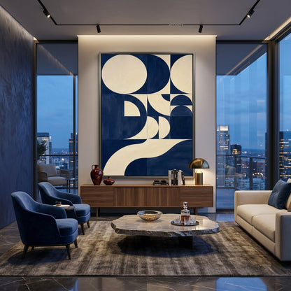 Contemporary Navy Arc Composition wall decor showcasing dynamic arc textures and calm blue hues for UAE living spaces