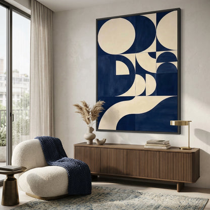 Modern Navy Arc Composition artwork with bold arcs and layered navy textures, perfect for chic UAE wall decor